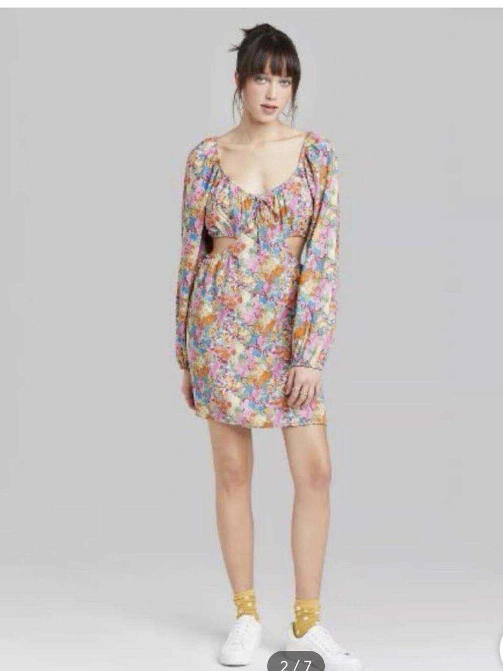 Wild Fable Floral Cut Out Mini Dress XS Long Sleeve Boho Cottagecore Floral